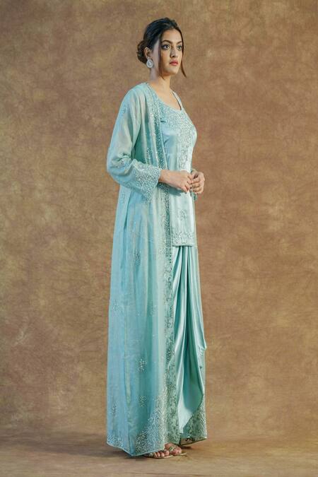 Farha Syed_Green Modal, Satin, Chanderi Mirrors, Zari, Cut Work, Hand Shrug Skirt Set _Online_at_Aza_Fashions