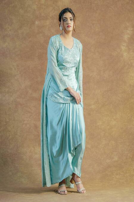 Buy_Farha Syed_Green Modal, Satin, Chanderi Mirrors, Zari, Cut Work, Hand Shrug Skirt Set _Online_at_Aza_Fashions