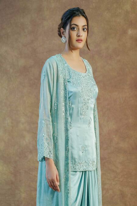 Farha Syed_Green Modal, Satin, Chanderi Mirrors, Zari, Cut Work, Hand Shrug Skirt Set _at_Aza_Fashions