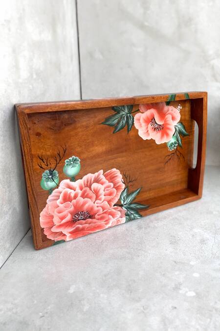 Floursha_Brown Acacia Wood Hand Paint Tray Single Piece_Online_at_Aza_Fashions