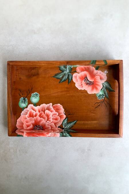 Buy_Floursha_Brown Acacia Wood Hand Paint Tray Single Piece_Online_at_Aza_Fashions