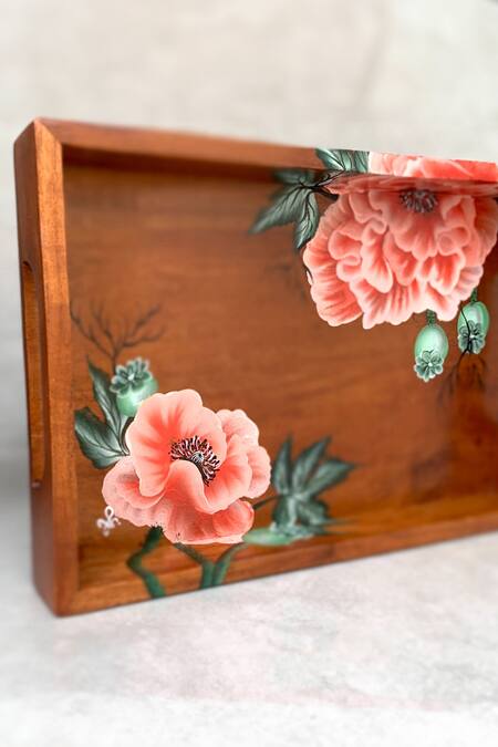 Shop_Floursha_Brown Acacia Wood Hand Paint Tray Single Piece_Online_at_Aza_Fashions