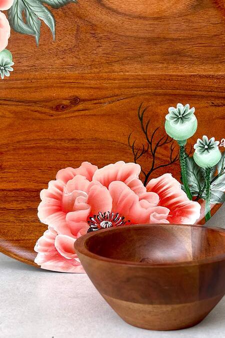 Floursha_Brown Acacia Wood Hand Paint Mezze Platter Set_Online_at_Aza_Fashions