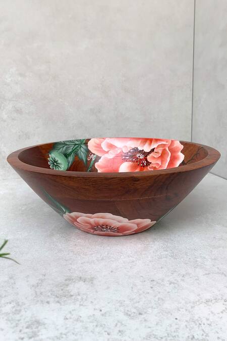 Buy_Floursha_Brown Acacia Wood Hand Paint Handmade Bowl_Online_at_Aza_Fashions
