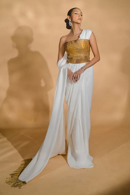 Nikhil Thampi Solid Pre-Draped Saree With Embellished Corset 
