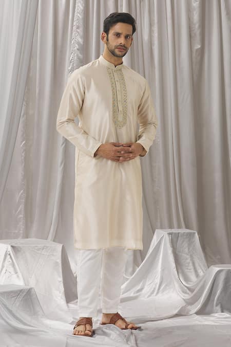 Shop Aariyana Couture Beige Silk, Cotton, Polyester Embroidery Placket Straight Kurta With Pant Online at Aza Fashions Shop_Aariyana Couture_Beige Silk, Cotton, Polyester Embroidery Placket Straight Kurta With Pant _Online_at_Aza_Fashions