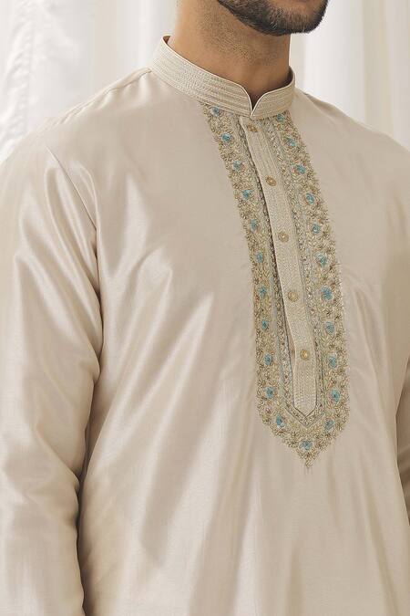 Aariyana Couture Beige Silk, Cotton, Polyester Embroidery Placket Straight Kurta With Pant at Aza Fashions Aariyana Couture_Beige Silk, Cotton, Polyester Embroidery Placket Straight Kurta With Pant _at_Aza_Fashions