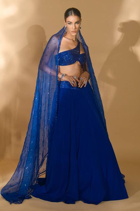 Buy Nikhil Thampi Blue Organza, Voile Rhinestones Asymmetric Embellished Lehenga Set Buy_Nikhil Thampi_Blue Organza, Voile Rhinestones Asymmetric Embellished Lehenga Set
