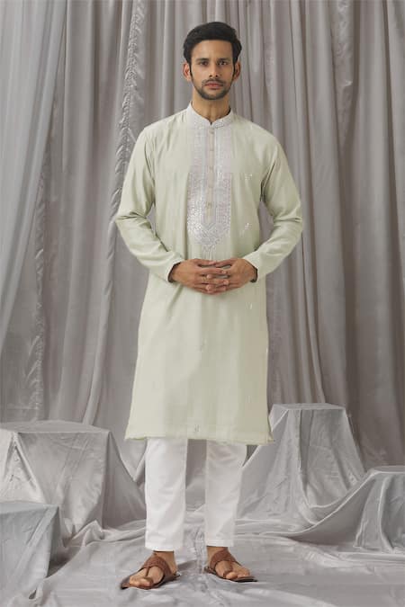 Shop Aariyana Couture Green Silk, Cotton, Polyester Gota Patti, Threadwork Embellished Kurta With Pant Online at Aza Fashions Shop_Aariyana Couture_Green Silk, Cotton, Polyester Gota Patti, Threadwork Embellished Kurta With Pant _Online_at_Aza_Fashions