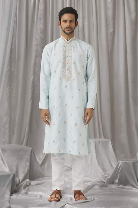 Buy Aariyana Couture Sky Blue Silk, Cotton, Polyester Zari, Floral Embroidered Kurta With Pant Online at Aza Fashions Buy_Aariyana Couture_Sky Blue Silk, Cotton, Polyester Zari, Floral Embroidered Kurta With Pant _Online_at_Aza_Fashions