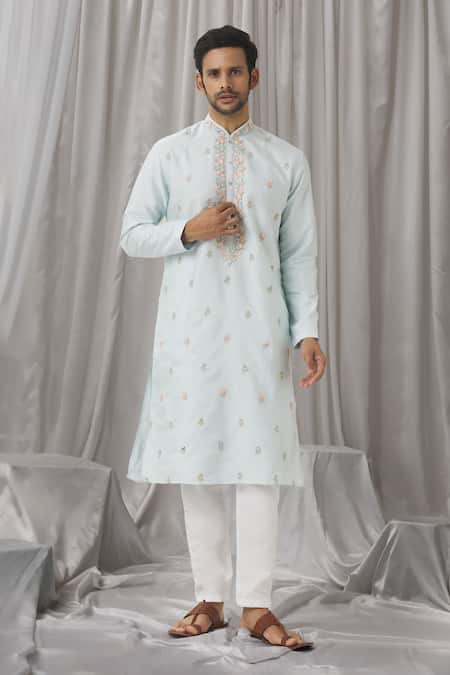 Shop Aariyana Couture Sky Blue Silk, Cotton, Polyester Zari, Floral Embroidered Kurta With Pant Online at Aza Fashions Shop_Aariyana Couture_Sky Blue Silk, Cotton, Polyester Zari, Floral Embroidered Kurta With Pant _Online_at_Aza_Fashions