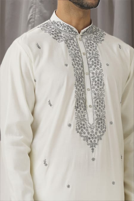 Aariyana Couture White Silk, Cotton, Polyester Embroidery Floral Sprig Kurta With Pant at Aza Fashions Aariyana Couture_White Silk, Cotton, Polyester Embroidery Floral Sprig Kurta With Pant _at_Aza_Fashions