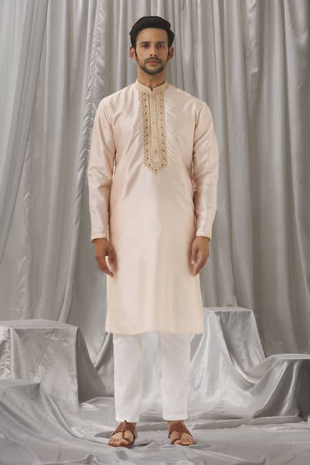 Aariyana Couture_Peach Silk, Cotton, Polyester Embroidery Thread Placket Kurta With Pant _Online_at_Aza_Fashions