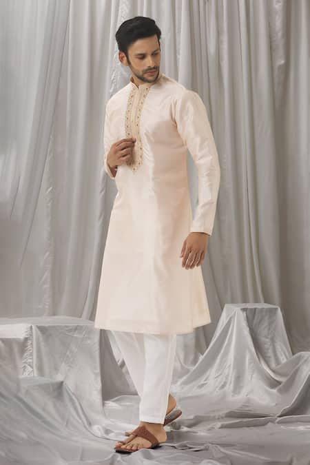 Buy_Aariyana Couture_Peach Silk, Cotton, Polyester Embroidery Thread Placket Kurta With Pant _Online_at_Aza_Fashions