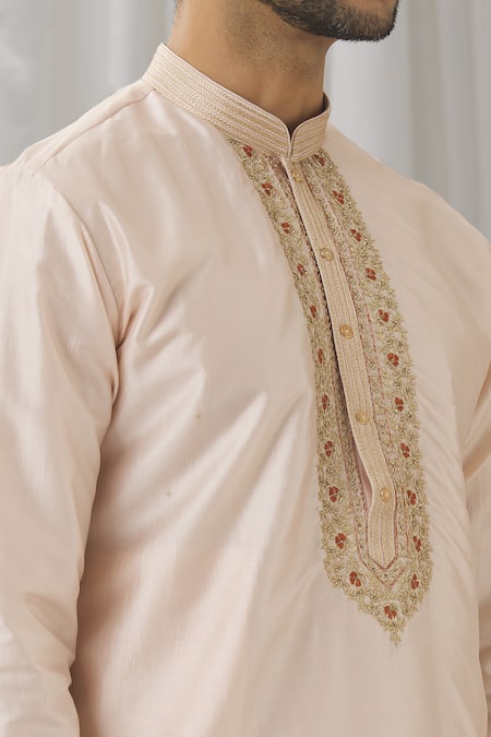 Shop_Aariyana Couture_Peach Silk, Cotton, Polyester Embroidery Thread Placket Kurta With Pant _Online_at_Aza_Fashions