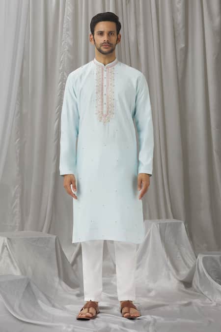 Aariyana Couture_Blue Silk, Cotton, Polyester Miniature Embroidered Kurta With Pant_Online_at_Aza_Fashions