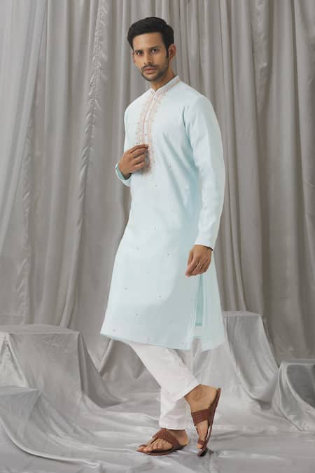 Buy_Aariyana Couture_Blue Silk, Cotton, Polyester Miniature Embroidered Kurta With Pant_Online_at_Aza_Fashions