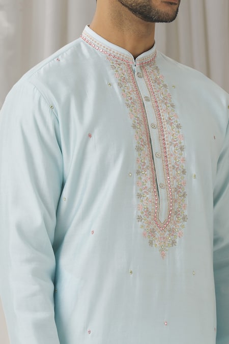 Shop_Aariyana Couture_Blue Silk, Cotton, Polyester Miniature Embroidered Kurta With Pant_Online_at_Aza_Fashions