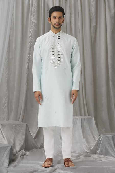 Aariyana Couture_Blue Silk, Cotton, Polyester Mirrors Straight Work Kurta With Pant _Online_at_Aza_Fashions