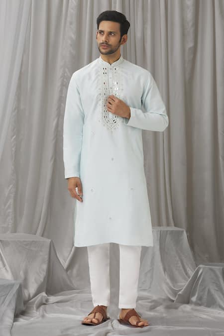 Buy_Aariyana Couture_Blue Silk, Cotton, Polyester Mirrors Straight Work Kurta With Pant _Online_at_Aza_Fashions