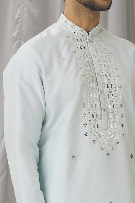 Shop_Aariyana Couture_Blue Silk, Cotton, Polyester Mirrors Straight Work Kurta With Pant _Online_at_Aza_Fashions