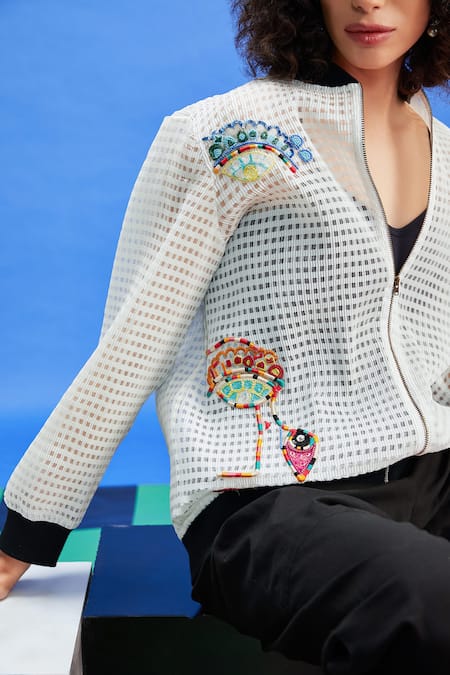 Shilpi Gupta_White Crepe Sequins, Beads, Embroidery High Evil Eye Applique Bomber Jacket _Online_at_Aza_Fashions