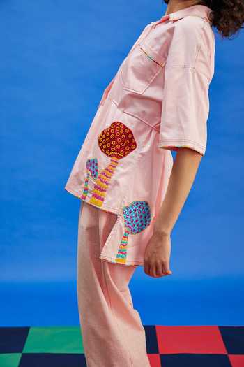 Shilpi Gupta_Pink Cotton Satin Embroidery Collared Mushroom Applique Shirt With Pant _Online_at_Aza_Fashions
