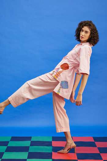 Buy_Shilpi Gupta_Pink Cotton Satin Embroidery Collared Mushroom Applique Shirt With Pant _Online_at_Aza_Fashions