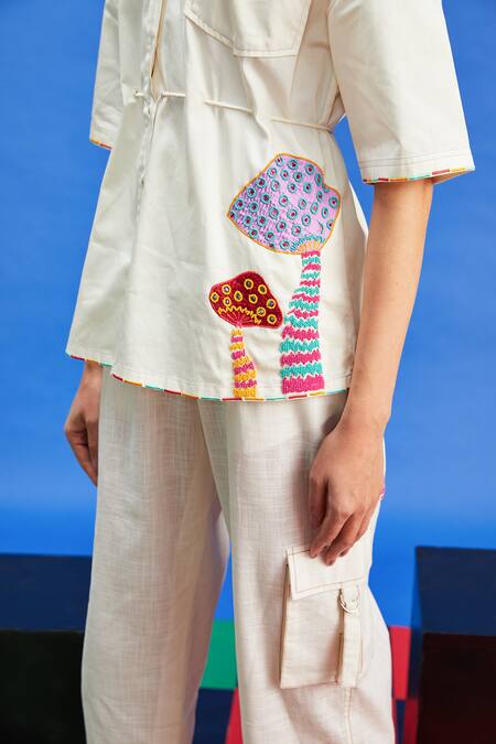 Shilpi Gupta Ivory Cotton Satin, Crepe Applique, Embroidery Shawl Neck Shirt With Pant Online at Aza Fashions Shilpi Gupta_Ivory Cotton Satin, Crepe Applique, Embroidery Shawl Neck Shirt With Pant _Online_at_Aza_Fashions