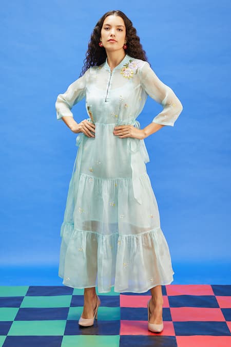 Shilpi Gupta Blue Organza Embroidered Resham High Collar Bead Floral Dress 