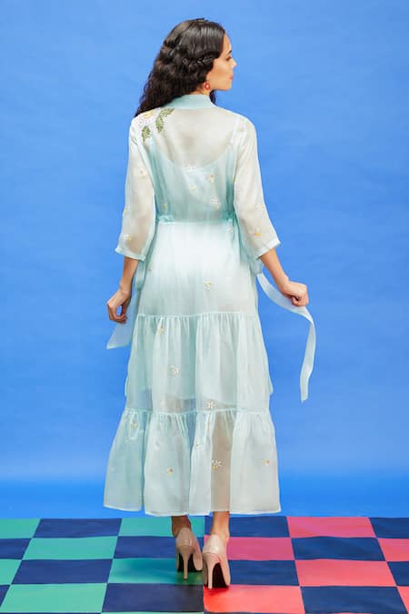 Shop Shilpi Gupta Blue Organza, Georgette Sequins, Beads High Neck Embroidered Floral Dress at Aza Fashions Shop_Shilpi Gupta_Blue Organza, Georgette Sequins, Beads High Neck Embroidered Floral Dress _at_Aza_Fashions