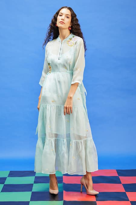 Buy Shilpi Gupta Blue Organza, Georgette Sequins, Beads High Neck Embroidered Floral Dress Online at Aza Fashions Buy_Shilpi Gupta_Blue Organza, Georgette Sequins, Beads High Neck Embroidered Floral Dress _Online_at_Aza_Fashions