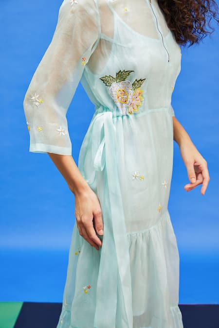 Shop Shilpi Gupta Blue Organza, Georgette Sequins, Beads High Neck Embroidered Floral Dress Online at Aza Fashions Shop_Shilpi Gupta_Blue Organza, Georgette Sequins, Beads High Neck Embroidered Floral Dress _Online_at_Aza_Fashions