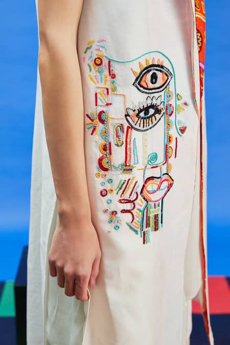 Buy_Shilpi Gupta_Ivory Chanderi, Denim Applique, Sequins, Embroidered Abstract Pattern Jacket _Online_at_Aza_Fashions