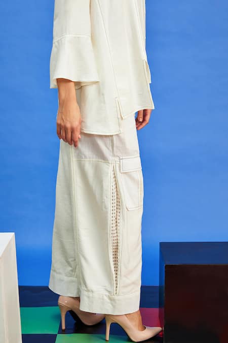 Shilpi Gupta_Ivory Beads, Sequins Thread Embroidered Asymmetric Panel Shirt _Online_at_Aza_Fashions