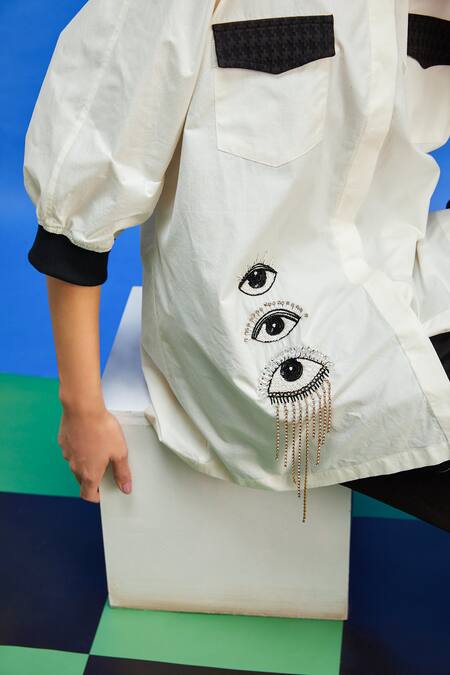 Shilpi Gupta_Ivory Cotton Beads, Sequins Collared Evil Eye Embroidered Applique Shirt _Online_at_Aza_Fashions