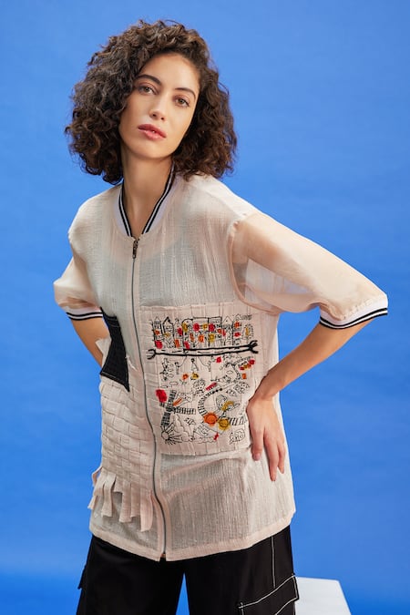 Shilpi Gupta_Beige Organza, Crepe Embroidery, Sequins, Patchwork High Neck Shirt _Online_at_Aza_Fashions