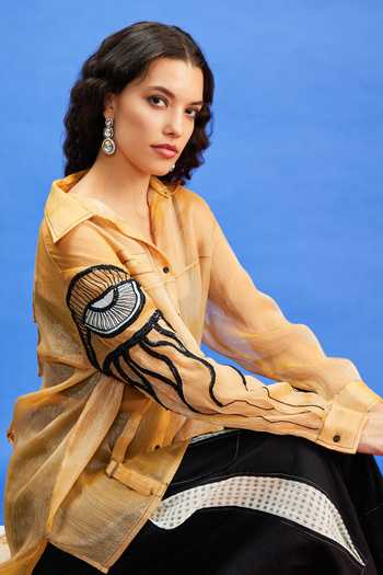 Shilpi Gupta_Yellow Organza Sequins, Beads, Applique Sheer Evil Eye Embroidered Shirt _Online_at_Aza_Fashions