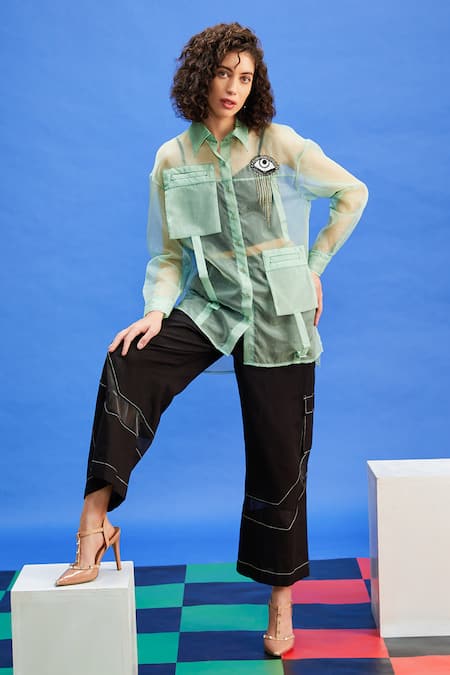 Shilpi Gupta Green Pearl Organza Embroidered Resham Shirt Sheer Placed Pocket 