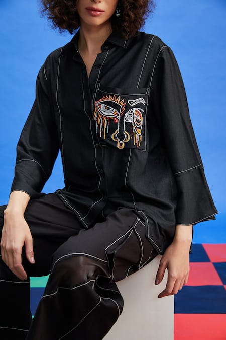 Shilpi Gupta_Black Sequins, Beads Collared Abstract Embroidered Pattern Shirt _Online_at_Aza_Fashions