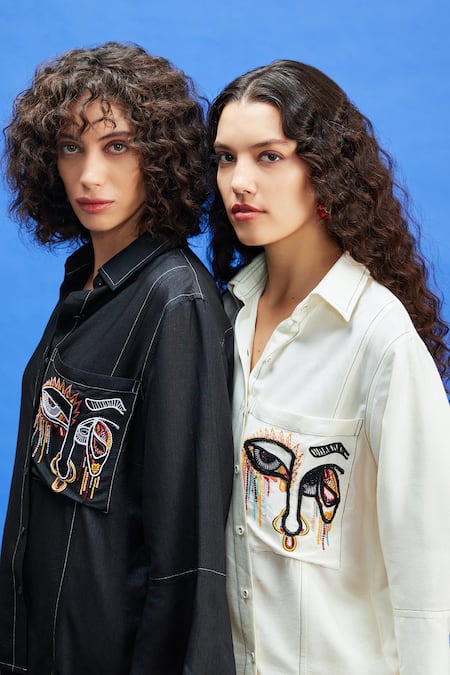 Buy_Shilpi Gupta_Black Sequins, Beads Collared Abstract Embroidered Pattern Shirt _Online_at_Aza_Fashions