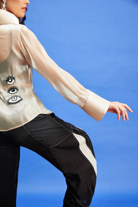 Shilpi Gupta Beige Organza Sequins, Applique, Beads High Neck Evil Eye Pattern Shirt Online at Aza Fashions Shilpi Gupta_Beige Organza Sequins, Applique, Beads High Neck Evil Eye Pattern Shirt _Online_at_Aza_Fashions