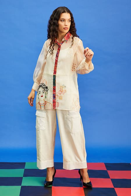 Shilpi Gupta Beige Organza Embroidered Resham Shirt Collar Figurine 
