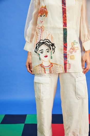 Shilpi Gupta Beige Organza, Cotton Satin Embroidery Shawl Neck Figurine Shirt Online at Aza Fashions Shilpi Gupta_Beige Organza, Cotton Satin Embroidery Shawl Neck Figurine Shirt _Online_at_Aza_Fashions