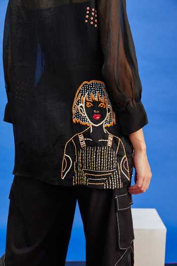 Shilpi Gupta Black Organza, Cotton Satin Embroidery Shawl Neck Figurine Bead Shirt Online at Aza Fashions Shilpi Gupta_Black Organza, Cotton Satin Embroidery Shawl Neck Figurine Bead Shirt _Online_at_Aza_Fashions