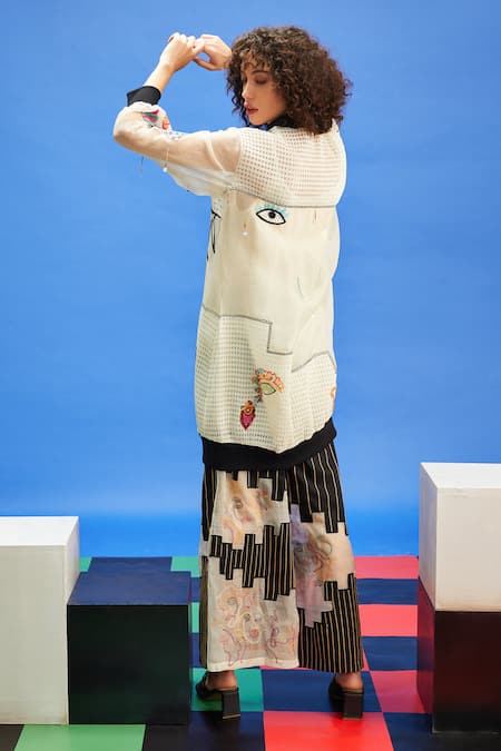 Shop_Shilpi Gupta_Ivory Organza, Crepe Embroidery High Neck Abstract Sweatshirt _at_Aza_Fashions