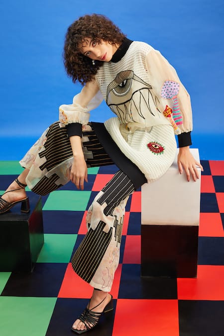 Shop_Shilpi Gupta_Ivory Organza, Crepe Embroidery High Neck Abstract Sweatshirt _Online_at_Aza_Fashions