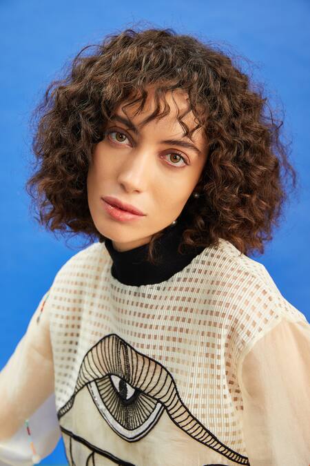 Shilpi Gupta_Ivory Organza, Crepe Embroidery High Neck Abstract Sweatshirt _at_Aza_Fashions