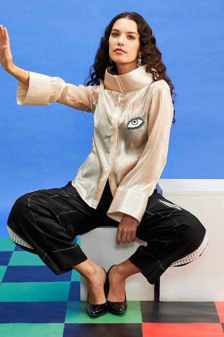 Shilpi Gupta_Black Cotton Linen Patchwork Panel Trouser _Online_at_Aza_Fashions