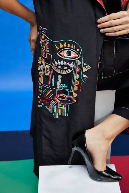 Buy_Shilpi Gupta_Black Cotton Linen Patchwork Panel Trouser _Online_at_Aza_Fashions